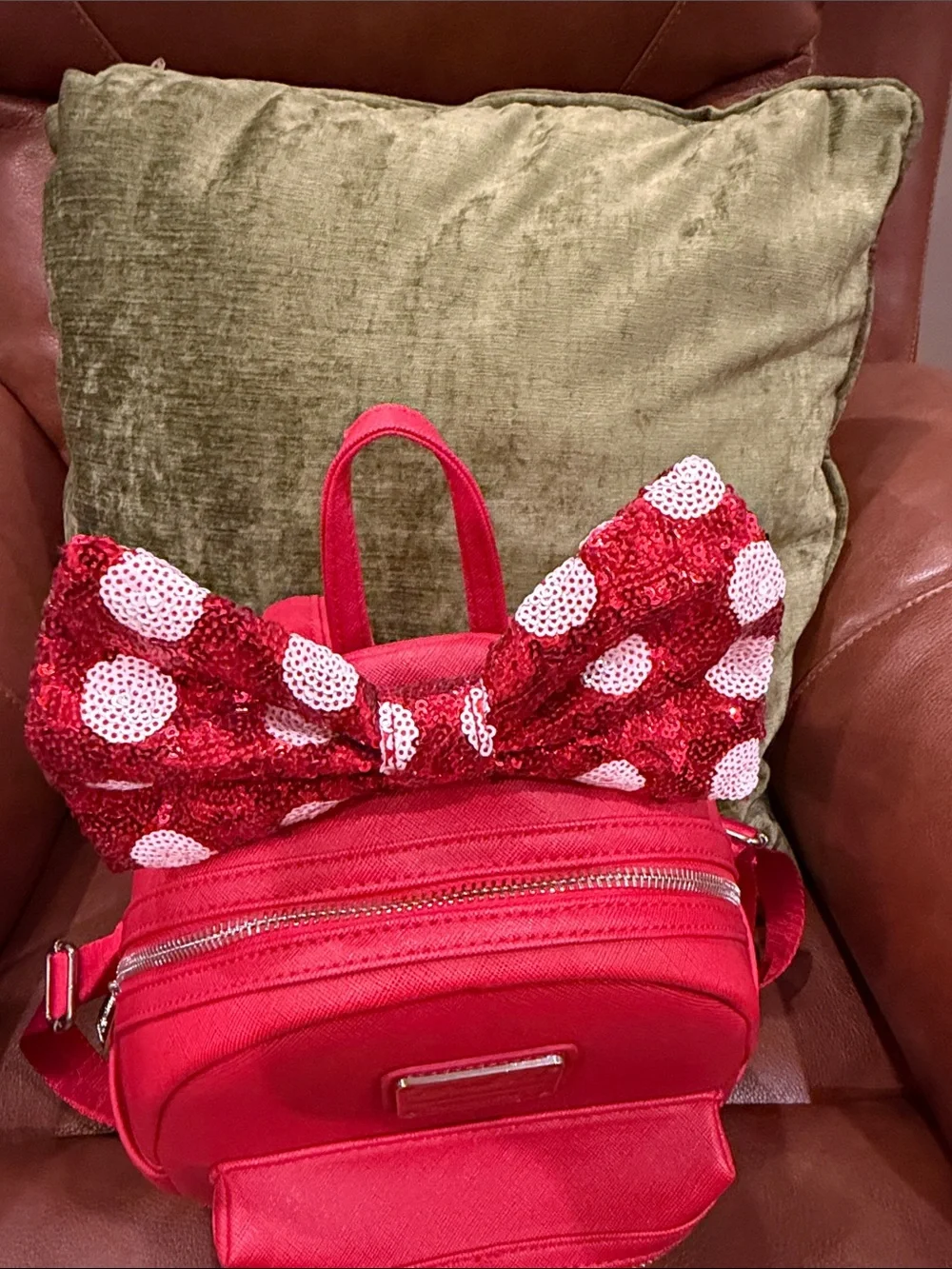 Disney Parks Loungefly Red Minnie Sequin Bow Backpack and Matching Wallet